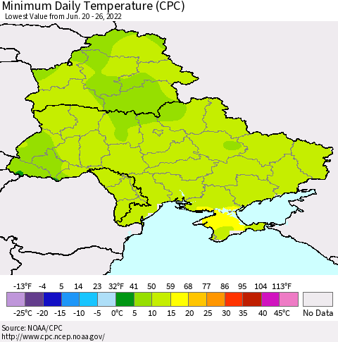Ukraine, Moldova and Belarus Extreme Minimum Temperature (CPC) Thematic Map For 6/20/2022 - 6/26/2022
