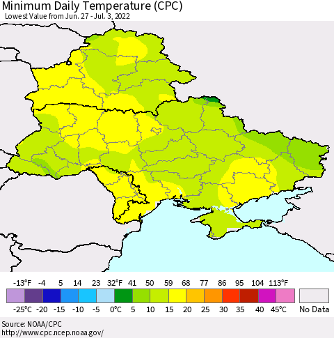 Ukraine, Moldova and Belarus Minimum Daily Temperature (CPC) Thematic Map For 6/27/2022 - 7/3/2022