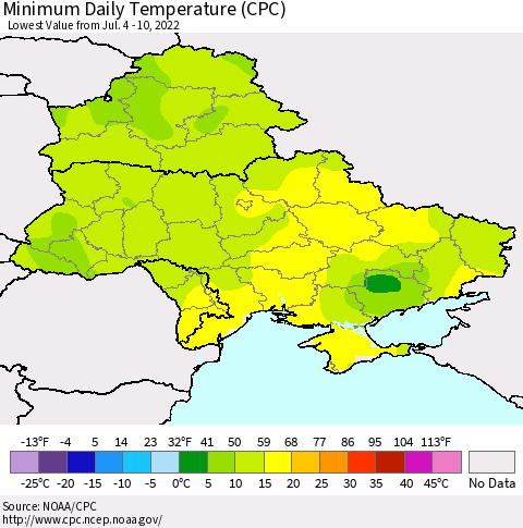Ukraine, Moldova and Belarus Minimum Daily Temperature (CPC) Thematic Map For 7/4/2022 - 7/10/2022