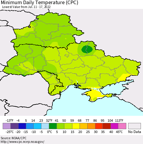 Ukraine, Moldova and Belarus Minimum Daily Temperature (CPC) Thematic Map For 7/11/2022 - 7/17/2022