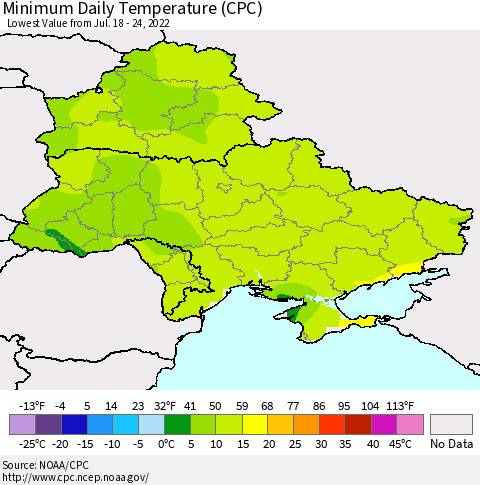 Ukraine, Moldova and Belarus Minimum Daily Temperature (CPC) Thematic Map For 7/18/2022 - 7/24/2022