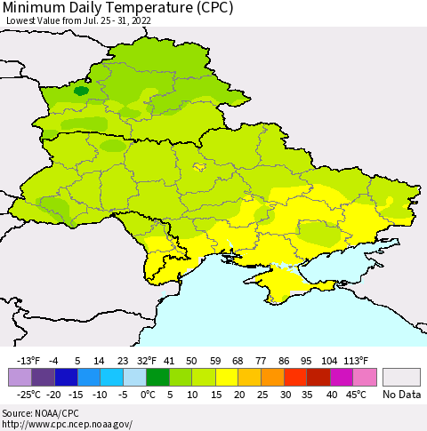 Ukraine, Moldova and Belarus Minimum Daily Temperature (CPC) Thematic Map For 7/25/2022 - 7/31/2022