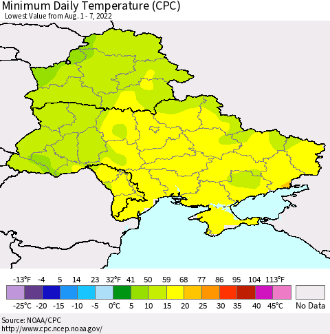 Ukraine, Moldova and Belarus Minimum Daily Temperature (CPC) Thematic Map For 8/1/2022 - 8/7/2022