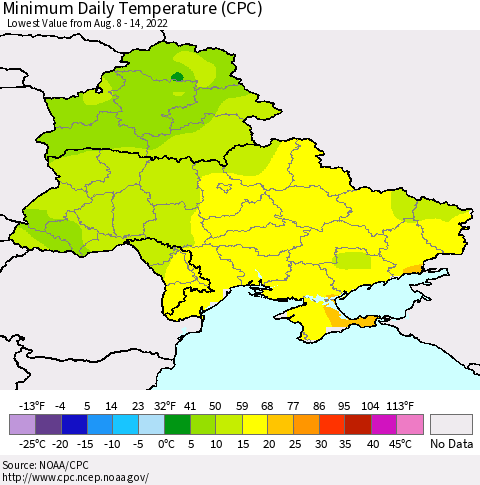 Ukraine, Moldova and Belarus Minimum Daily Temperature (CPC) Thematic Map For 8/8/2022 - 8/14/2022