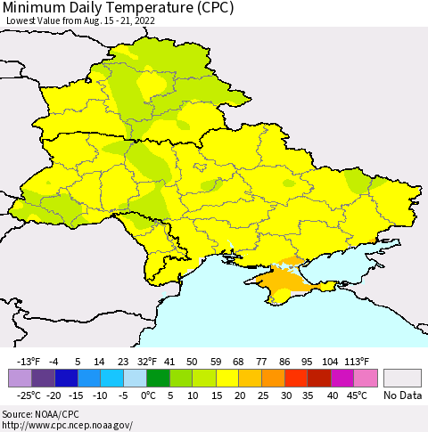 Ukraine, Moldova and Belarus Minimum Daily Temperature (CPC) Thematic Map For 8/15/2022 - 8/21/2022