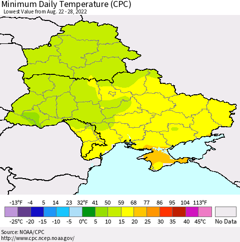 Ukraine, Moldova and Belarus Minimum Daily Temperature (CPC) Thematic Map For 8/22/2022 - 8/28/2022