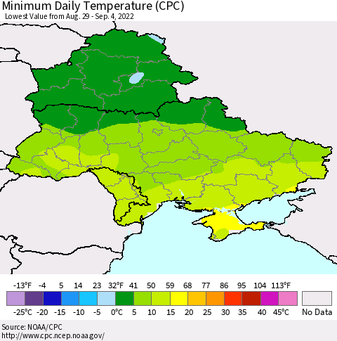 Ukraine, Moldova and Belarus Minimum Daily Temperature (CPC) Thematic Map For 8/29/2022 - 9/4/2022