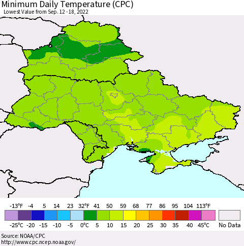 Ukraine, Moldova and Belarus Minimum Daily Temperature (CPC) Thematic Map For 9/12/2022 - 9/18/2022