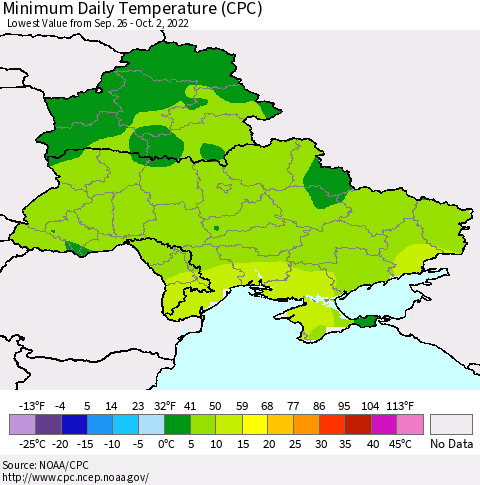 Ukraine, Moldova and Belarus Minimum Daily Temperature (CPC) Thematic Map For 9/26/2022 - 10/2/2022