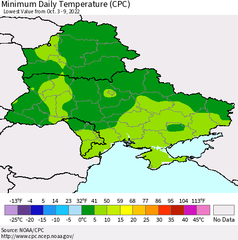 Ukraine, Moldova and Belarus Minimum Daily Temperature (CPC) Thematic Map For 10/3/2022 - 10/9/2022