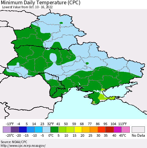 Ukraine, Moldova and Belarus Minimum Daily Temperature (CPC) Thematic Map For 10/10/2022 - 10/16/2022
