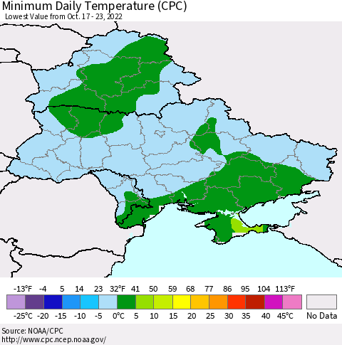 Ukraine, Moldova and Belarus Minimum Daily Temperature (CPC) Thematic Map For 10/17/2022 - 10/23/2022