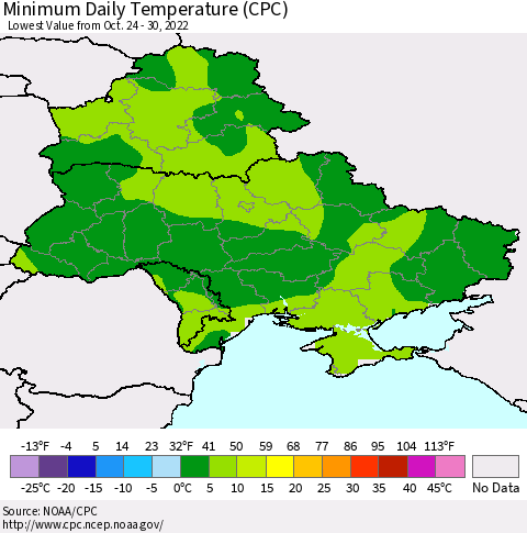 Ukraine, Moldova and Belarus Minimum Daily Temperature (CPC) Thematic Map For 10/24/2022 - 10/30/2022