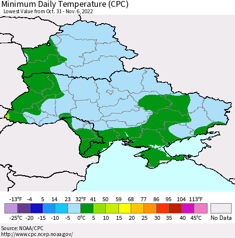 Ukraine, Moldova and Belarus Minimum Daily Temperature (CPC) Thematic Map For 10/31/2022 - 11/6/2022