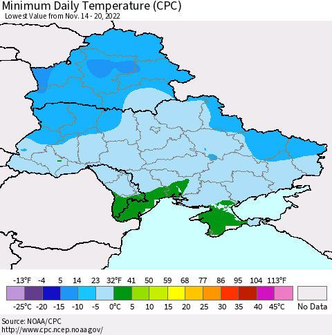 Ukraine, Moldova and Belarus Minimum Daily Temperature (CPC) Thematic Map For 11/14/2022 - 11/20/2022