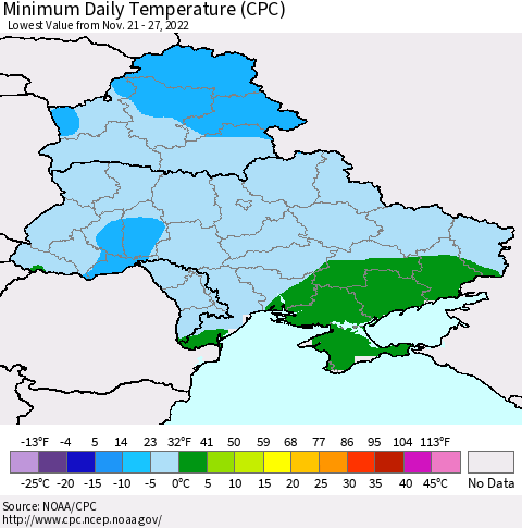 Ukraine, Moldova and Belarus Minimum Daily Temperature (CPC) Thematic Map For 11/21/2022 - 11/27/2022