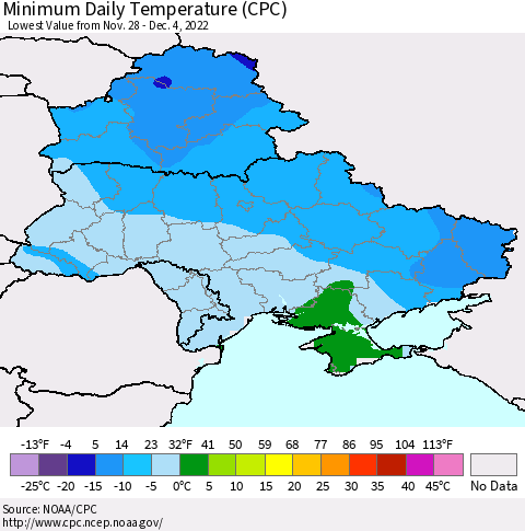 Ukraine, Moldova and Belarus Minimum Daily Temperature (CPC) Thematic Map For 11/28/2022 - 12/4/2022