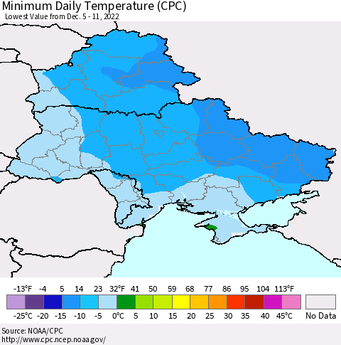 Ukraine, Moldova and Belarus Minimum Daily Temperature (CPC) Thematic Map For 12/5/2022 - 12/11/2022