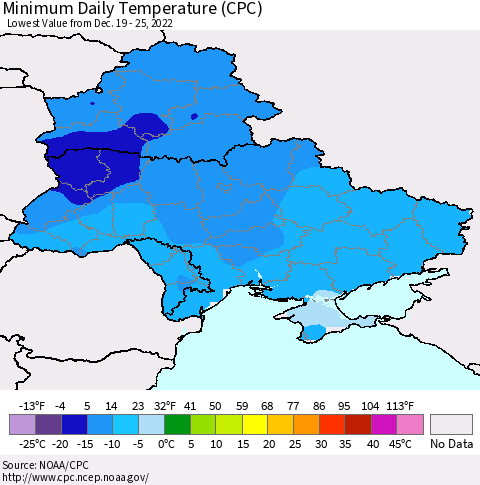 Ukraine, Moldova and Belarus Minimum Daily Temperature (CPC) Thematic Map For 12/19/2022 - 12/25/2022