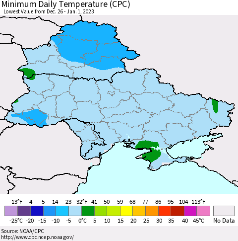 Ukraine, Moldova and Belarus Minimum Daily Temperature (CPC) Thematic Map For 12/26/2022 - 1/1/2023