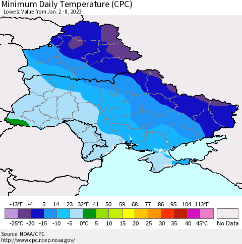 Ukraine, Moldova and Belarus Minimum Daily Temperature (CPC) Thematic Map For 1/2/2023 - 1/8/2023