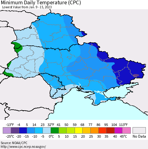 Ukraine, Moldova and Belarus Minimum Daily Temperature (CPC) Thematic Map For 1/9/2023 - 1/15/2023