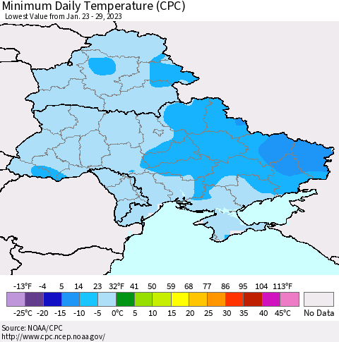 Ukraine, Moldova and Belarus Minimum Daily Temperature (CPC) Thematic Map For 1/23/2023 - 1/29/2023