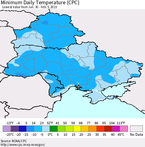 Ukraine, Moldova and Belarus Minimum Daily Temperature (CPC) Thematic Map For 1/30/2023 - 2/5/2023