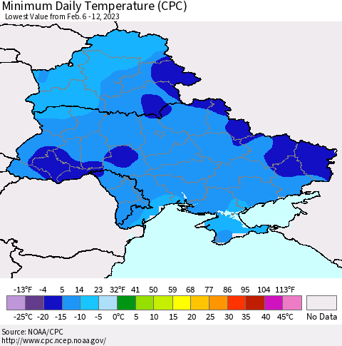 Ukraine, Moldova and Belarus Minimum Daily Temperature (CPC) Thematic Map For 2/6/2023 - 2/12/2023
