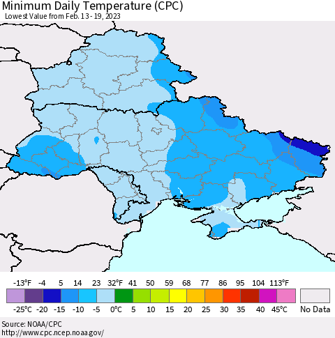 Ukraine, Moldova and Belarus Minimum Daily Temperature (CPC) Thematic Map For 2/13/2023 - 2/19/2023