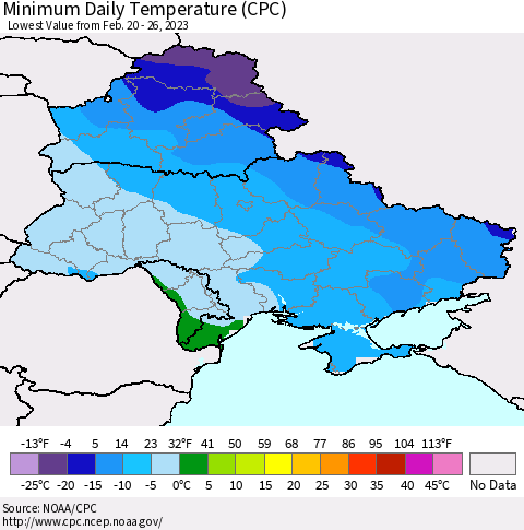 Ukraine, Moldova and Belarus Minimum Daily Temperature (CPC) Thematic Map For 2/20/2023 - 2/26/2023