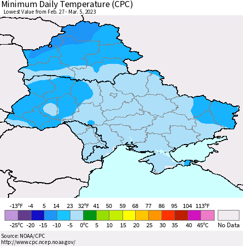 Ukraine, Moldova and Belarus Minimum Daily Temperature (CPC) Thematic Map For 2/27/2023 - 3/5/2023