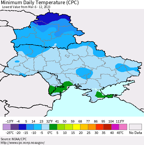 Ukraine, Moldova and Belarus Minimum Daily Temperature (CPC) Thematic Map For 3/6/2023 - 3/12/2023