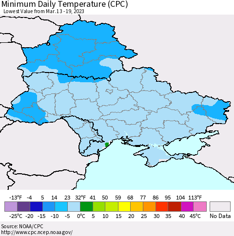Ukraine, Moldova and Belarus Minimum Daily Temperature (CPC) Thematic Map For 3/13/2023 - 3/19/2023