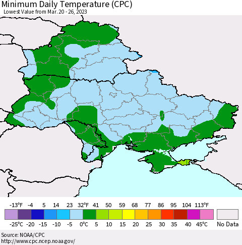 Ukraine, Moldova and Belarus Minimum Daily Temperature (CPC) Thematic Map For 3/20/2023 - 3/26/2023