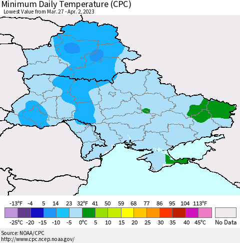 Ukraine, Moldova and Belarus Minimum Daily Temperature (CPC) Thematic Map For 3/27/2023 - 4/2/2023