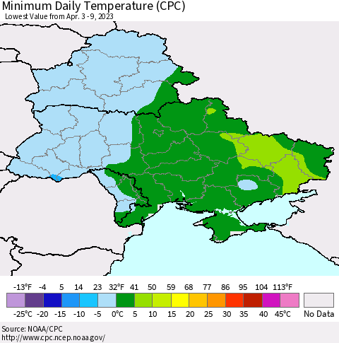 Ukraine, Moldova and Belarus Minimum Daily Temperature (CPC) Thematic Map For 4/3/2023 - 4/9/2023