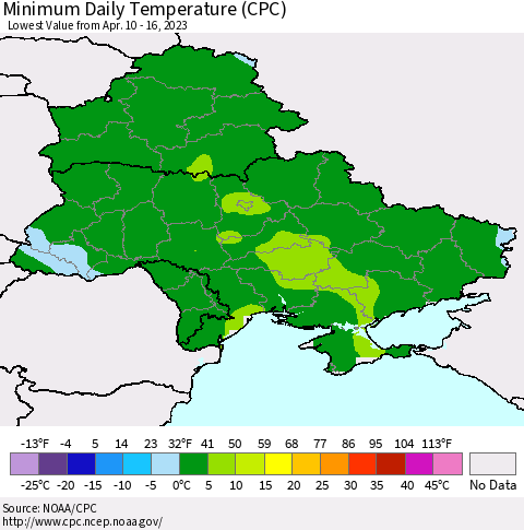 Ukraine, Moldova and Belarus Minimum Daily Temperature (CPC) Thematic Map For 4/10/2023 - 4/16/2023