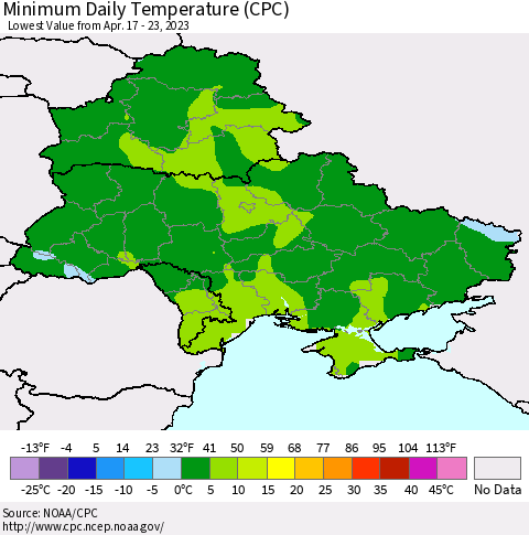Ukraine, Moldova and Belarus Minimum Daily Temperature (CPC) Thematic Map For 4/17/2023 - 4/23/2023
