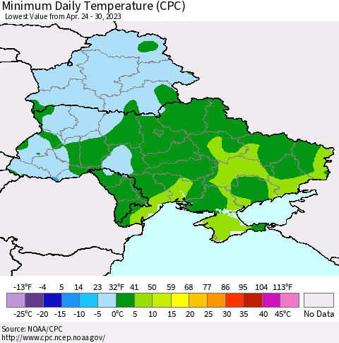 Ukraine, Moldova and Belarus Minimum Daily Temperature (CPC) Thematic Map For 4/24/2023 - 4/30/2023