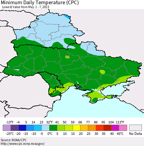 Ukraine, Moldova and Belarus Minimum Daily Temperature (CPC) Thematic Map For 5/1/2023 - 5/7/2023