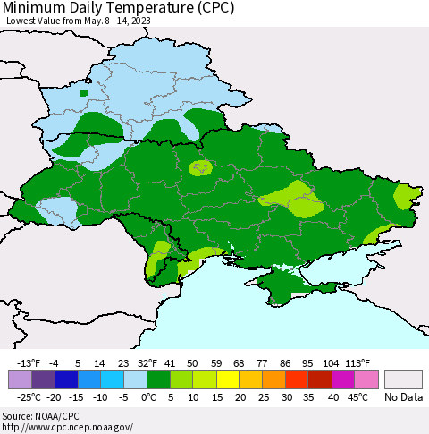 Ukraine, Moldova and Belarus Minimum Daily Temperature (CPC) Thematic Map For 5/8/2023 - 5/14/2023