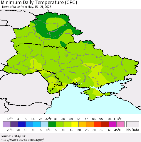 Ukraine, Moldova and Belarus Minimum Daily Temperature (CPC) Thematic Map For 5/15/2023 - 5/21/2023