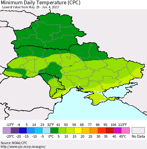 Ukraine, Moldova and Belarus Minimum Daily Temperature (CPC) Thematic Map For 5/29/2023 - 6/4/2023