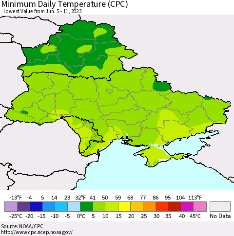 Ukraine, Moldova and Belarus Minimum Daily Temperature (CPC) Thematic Map For 6/5/2023 - 6/11/2023