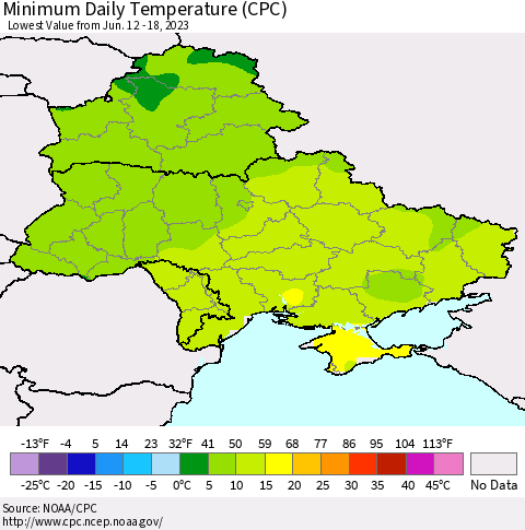 Ukraine, Moldova and Belarus Minimum Daily Temperature (CPC) Thematic Map For 6/12/2023 - 6/18/2023
