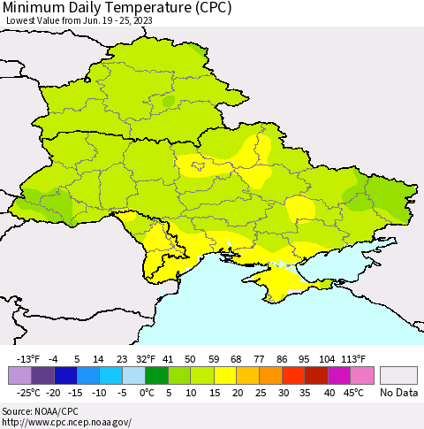 Ukraine, Moldova and Belarus Minimum Daily Temperature (CPC) Thematic Map For 6/19/2023 - 6/25/2023