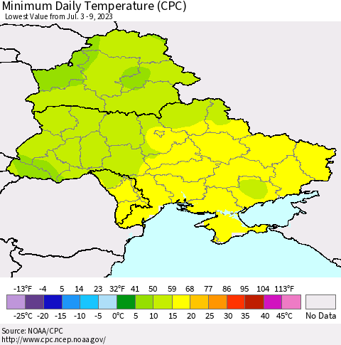 Ukraine, Moldova and Belarus Minimum Daily Temperature (CPC) Thematic Map For 7/3/2023 - 7/9/2023