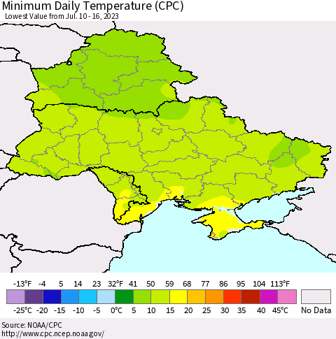 Ukraine, Moldova and Belarus Minimum Daily Temperature (CPC) Thematic Map For 7/10/2023 - 7/16/2023
