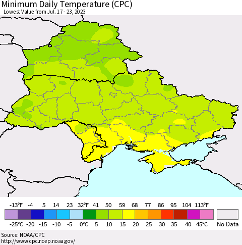 Ukraine, Moldova and Belarus Minimum Daily Temperature (CPC) Thematic Map For 7/17/2023 - 7/23/2023